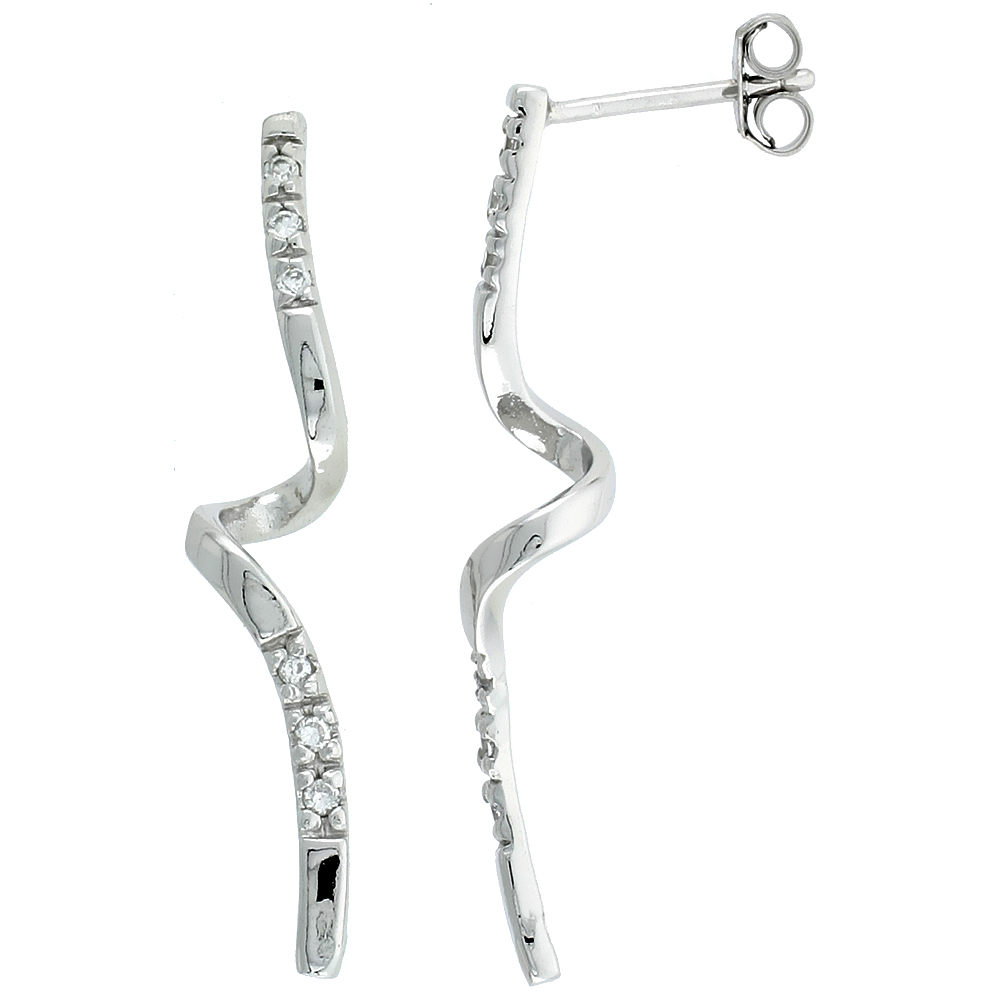STERLING SILVER JEWELED TWISTED POST EARRINGS, W/ CUBIC ZIRCONIA STONES, 1 5/16 (34 MM)