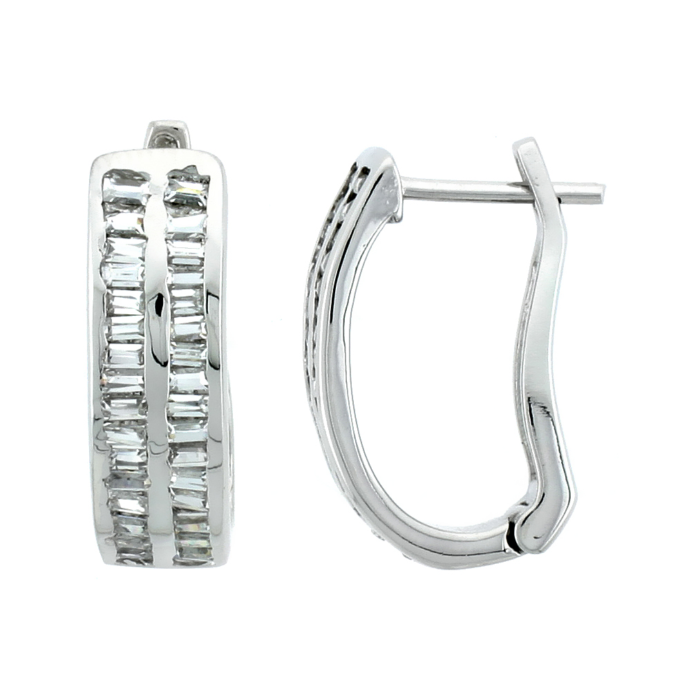 STERLING SILVER JEWELED HUGGIE EARRINGS, W/ BAGUETTE CUBIC ZIRCONIA, 3/4 (19 MM)