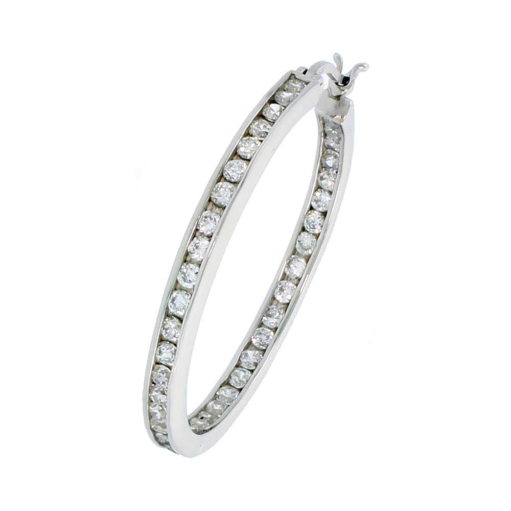 STERLING SILVER JEWELED HOOP POST EARRINGS, W/ CUBIC ZIRCONIA STONES, 1 5/16 (34 MM)