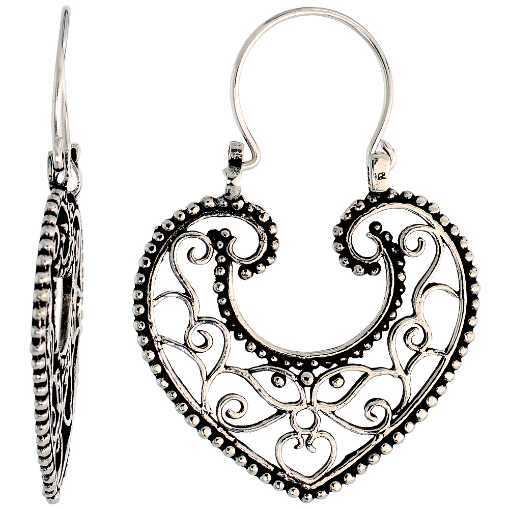 STERLING SILVER FILIGREE HEART BALI EARRINGS W/ BEADS & TRIBAL DESIGN, 1 3/8" (35 MM) TALL