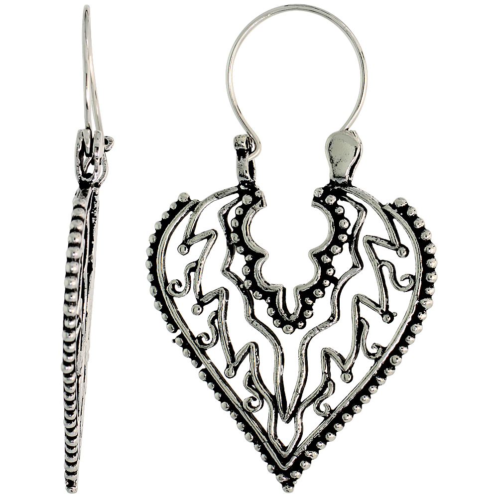 STERLING SILVER FILIGREE HEART BALI EARRINGS W/ BEADS & FLAMES, 1 1/2" (38 MM) TALL