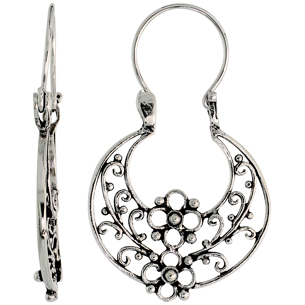 STERLING SILVER FILIGREE BALI EARRINGS W/ BEADS & FLORAL CUT OUTS, 1 5/16" (34 MM) TALL