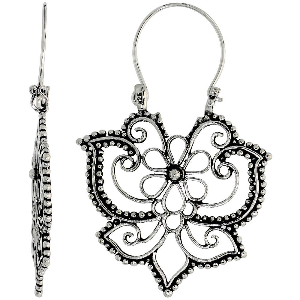 STERLING SILVER FILIGREE BALI EARRINGS W/ BEADS & FLORAL DESIGN, 1 7/16" (36 MM) TALL