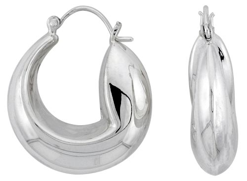STERLING SILVER SNAKE HOOP EARRINGS FOR WOMEN ROUND CLICK TOP HIGH POLISHED 1 1/8 INCH