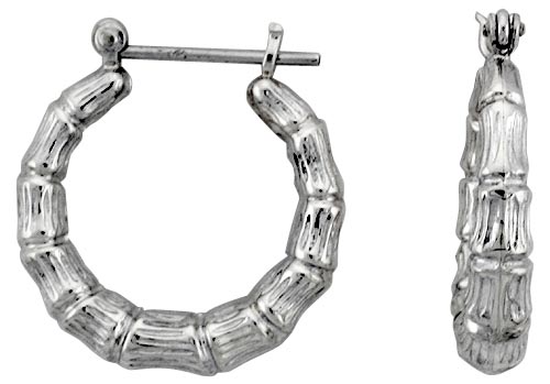 STERLING SILVER BAMBOO HOOP EARRINGS FOR WOMEN CLICK TOP HIGH POLISHED 1 INCH