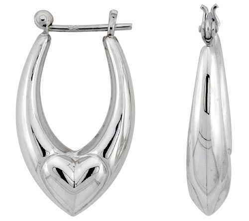 STERLING SILVER HEART HOOP EARRINGS FOR WOMEN POINTED OVAL CLICK TOP HIGH POLISHED 1 3/8 INCH