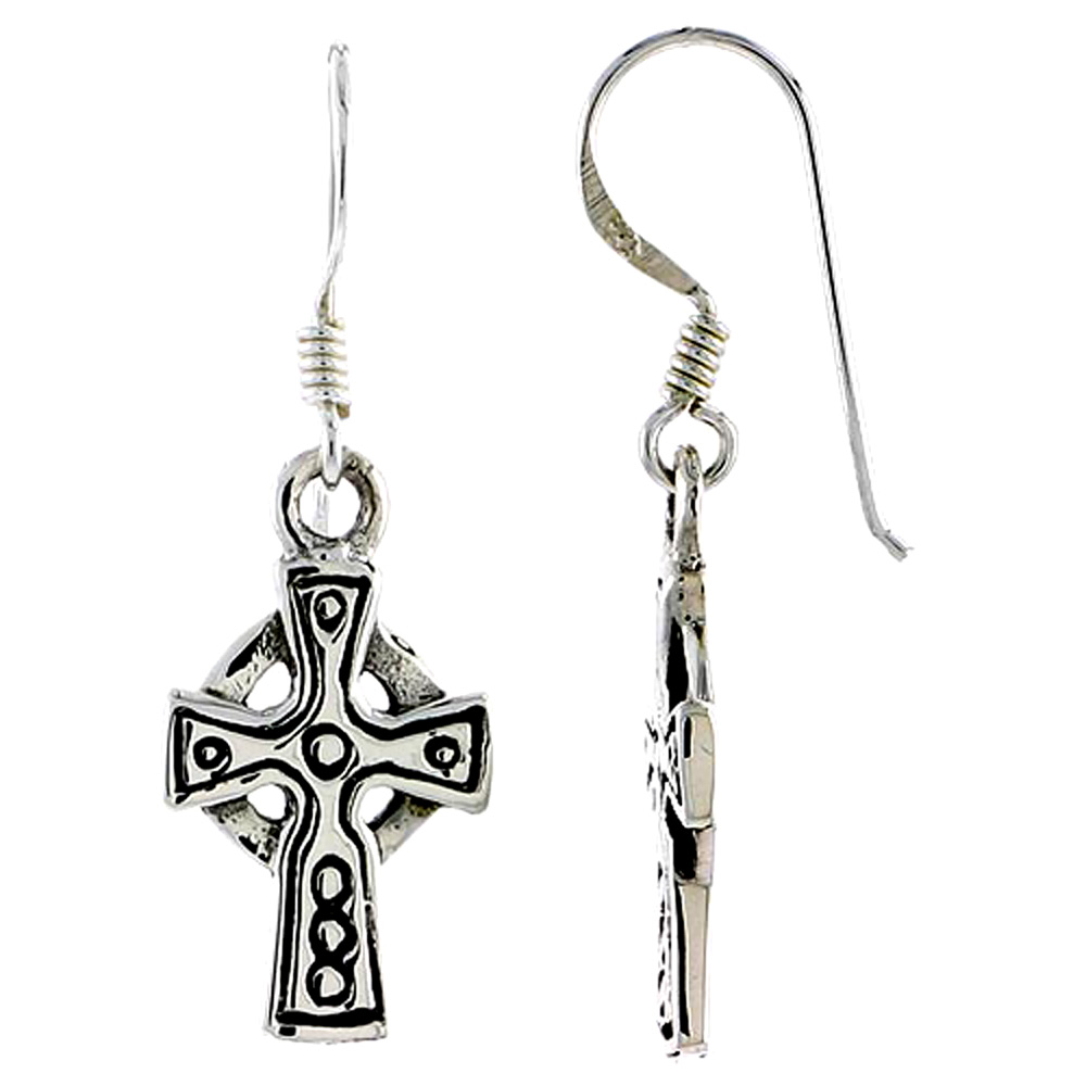 STERLING SILVER SMALL CELTIC HEALING CROSS EARRINGS DANGLING FISHHOOK OXIDIZED FINISH WOMEN 3/4 INCH LONG