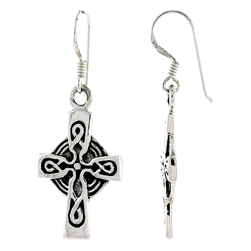 Sterling Silver Celtic Knot Cross Earrings Dangling Fishhook Oxidized Finish Women1 inch long