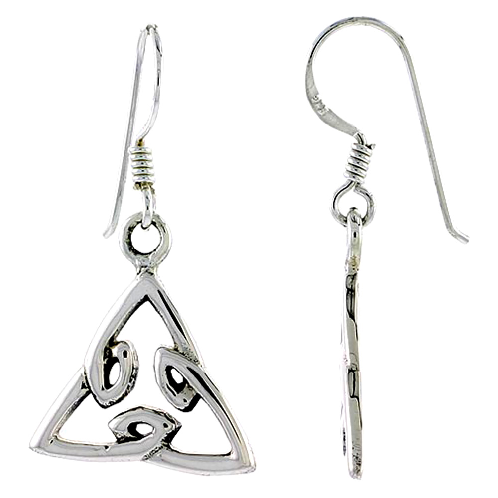 Sterling Silver Celtic Triquetra Trinity Knot Earrings Dangling Fishhook High Polished Women 3/4 inch long