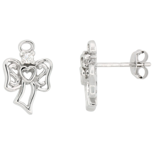 STERLING SILVER ANGEL WITH HALO EARRINGS, CUBIC ZIRCONIA, RHODIUM FINISH, 14MM (9/16 INCH) LONG