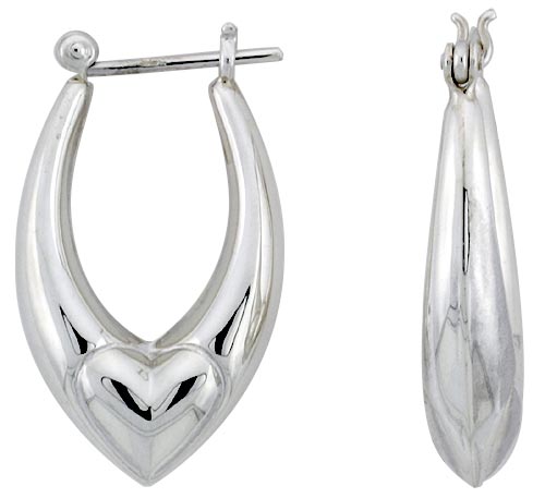 STERLING SILVER HEART HOOP EARRINGS FOR WOMEN POINTED OVAL CLICK TOP HIGH POLISHED 1 1/8 INCH