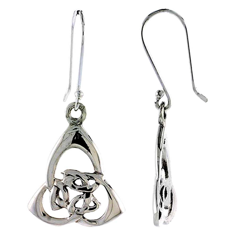 Small Sterling Silver Celtic Triquetra Trinity Knot Earrings Dangling Fishhook High Polished Women 3/4 inch long