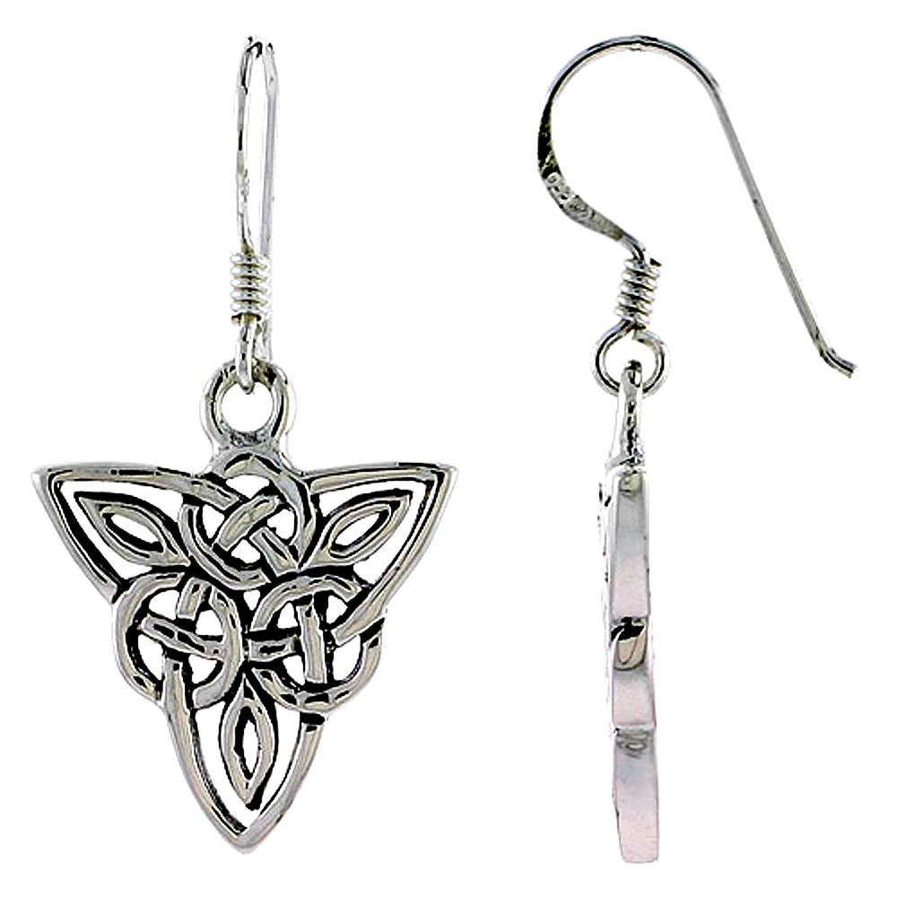 Sterling Silver Interlaced Celtic Triquetra Trinity Knot Earrings Dangling Fishhook Oxidized Finish Women 3/4 inch long
