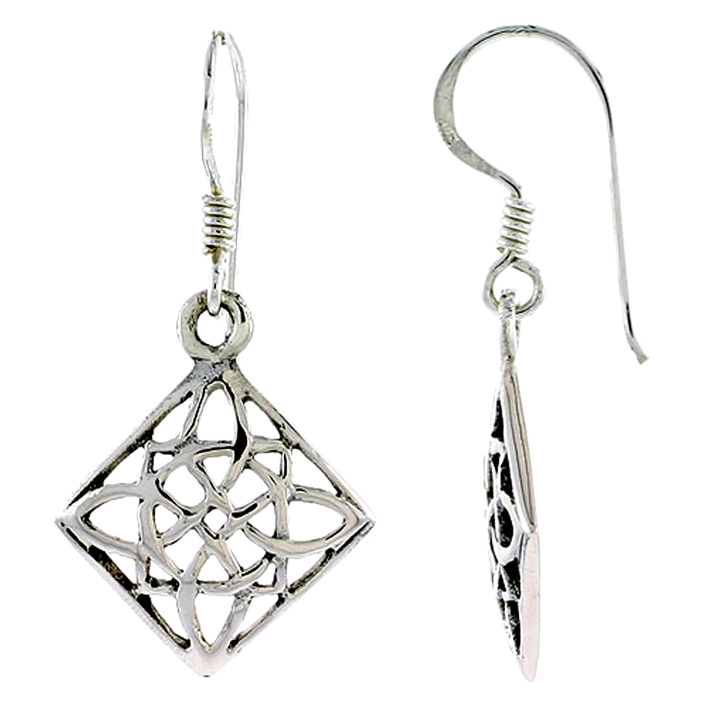 Sterling Silver Square Celtic Four Fold Knot Earrings Dangling Fishhook Oxidized Finish Women 3/4 inch long