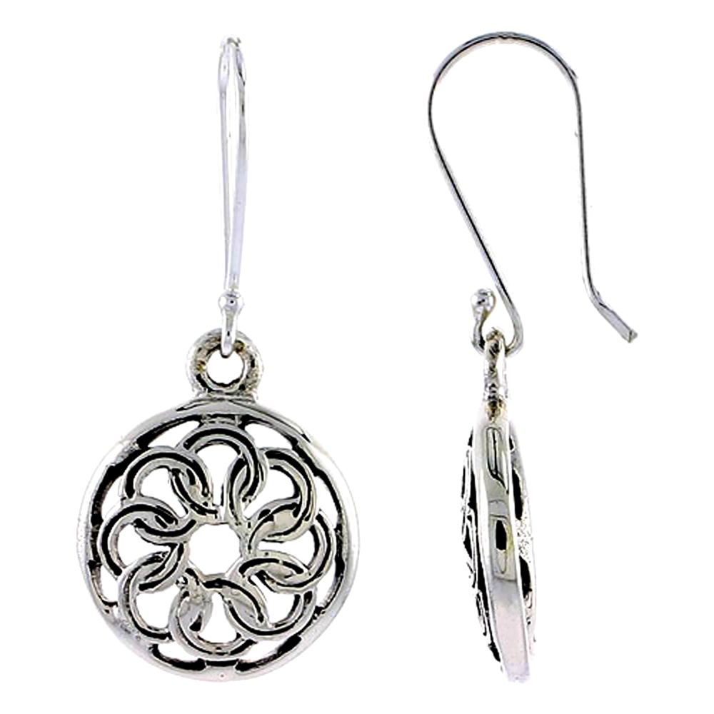 Sterling Silver Circular Knot Celtic Earrings Dangling Fishhook Oxidized Finish Women 5/8 inch long