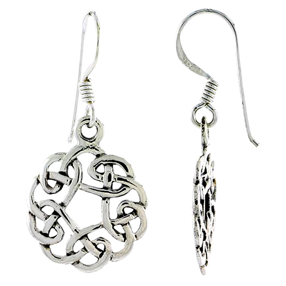 Sterling Silver Celtic Circular Dara Knot Earrings Dangling Fishhook Oxidized Finish Women 3/4 inch long