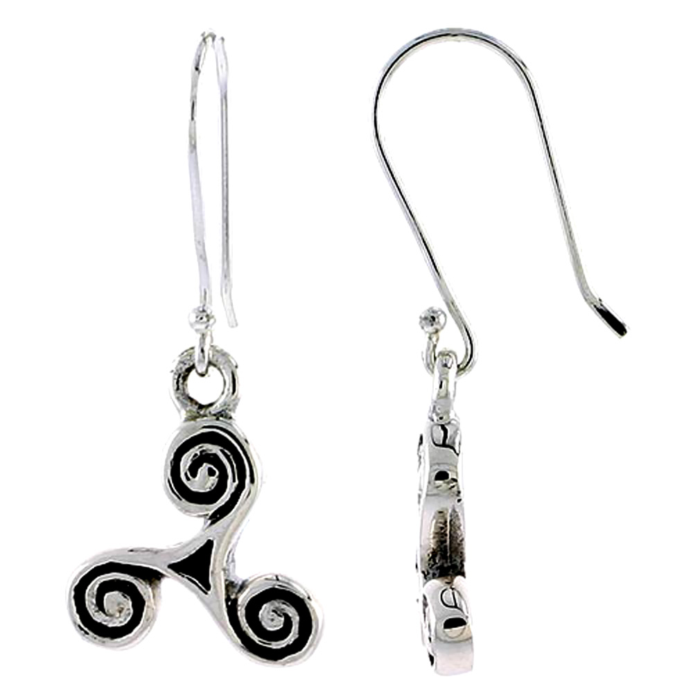 Sterling Silver Spiral Celtic Triskele Earrings Dangling Fishhook Oxidized Finish Women 1/2 inch long