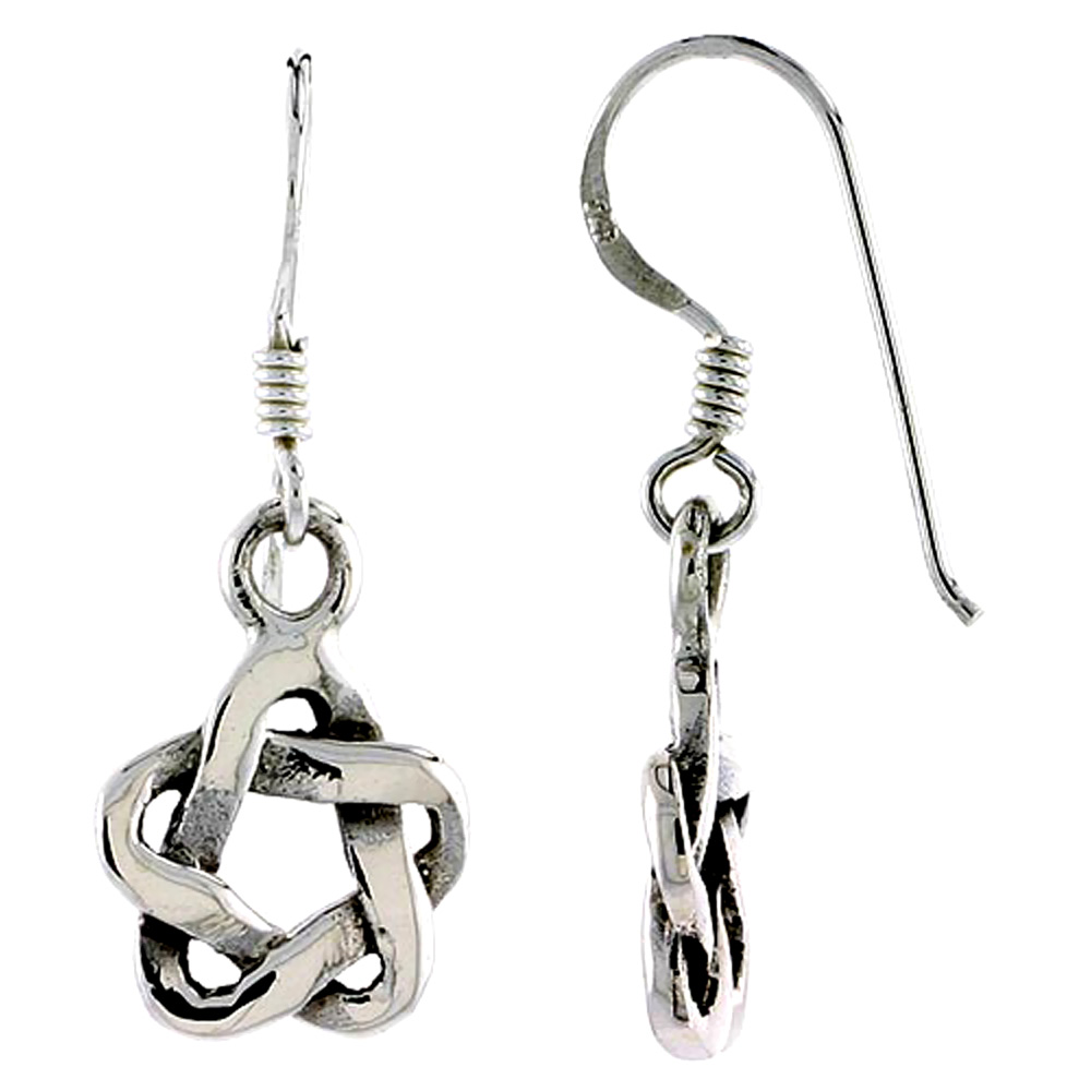 STERLING SILVER STAR KNOT CELTIC EARRINGS DANGLING FISHHOOK OXIDIZED FINISH WOMEN 5/8 INCH LONG