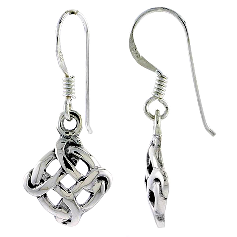 Sterling Silver Celtic Shield Knot Earrings Dangling Fishhook Oxidized Finish Women 5/8 inch long