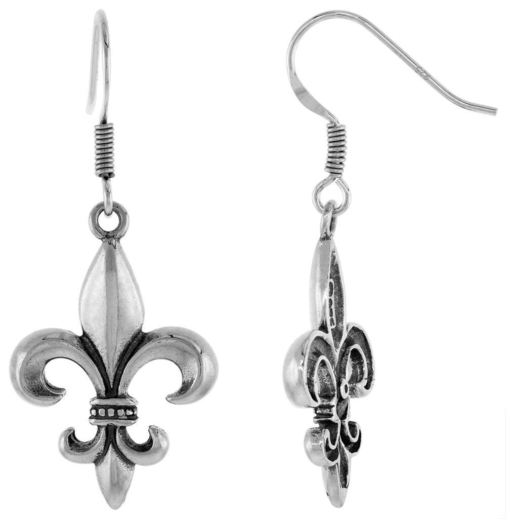 STERLING SILVER DANGLING FLEUR DE LIS EARRINGS FOR WOMEN DANGLING FISHHOOK OXIDIZED FINISH WOMEN 1 5/8 INCH (41 MM) TALL