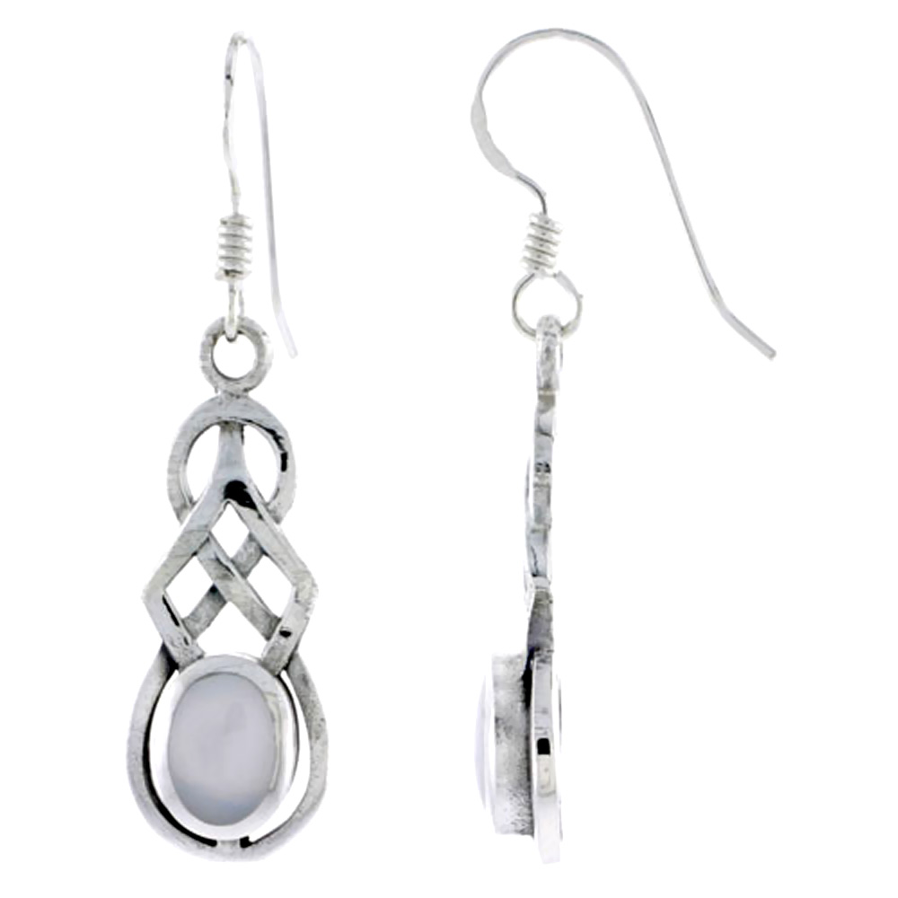 Sterling Silver Celtic Knot Earrings Oval Mother of Pearl Dangling Fishhook Oxidized Finish Women 1 inch long