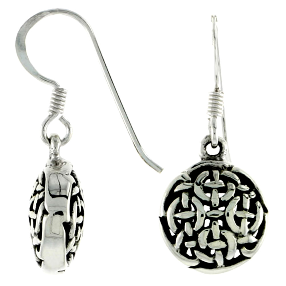 Tiny Sterling Silver Puffy Round Celtic Knot Earrings Dangling Fishhook Oxidized Finish Women 5/8 inch long