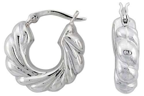 STERLING SILVER CASCADING SCALLOPED HOOP EARRINGS FOR WOMEN CLICK TOP HIGH POLISHED 7/8 INCH