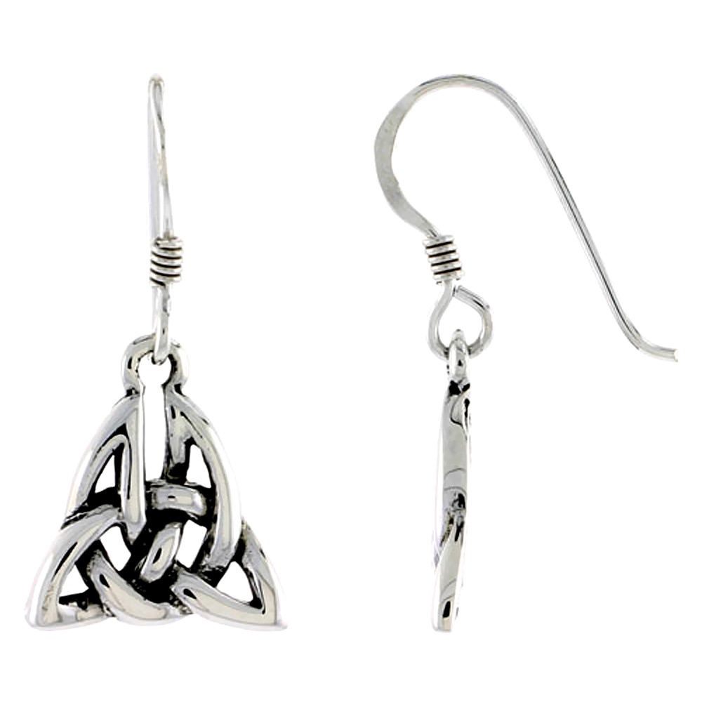 Sterling Silver Celtic Triquetra Trinity Knot Earrings Dangling Fishhook Oxidized Finish Women 1/2 inch long