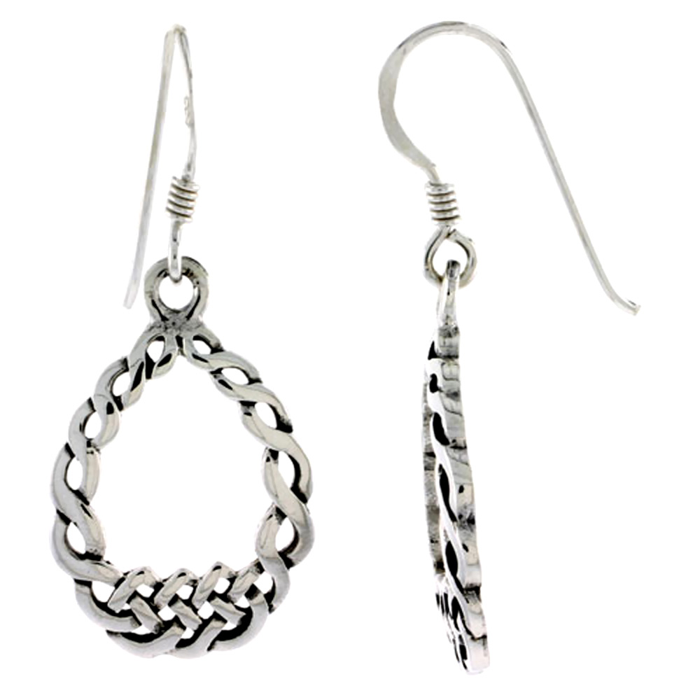 Sterling Silver Circular Knot Celtic Earrings Dangling Fishhook Oxidized Finish Women 7/8 inch long
