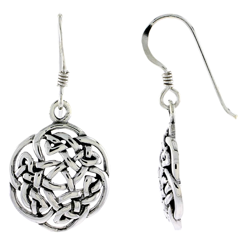 Sterling Silver Celtic Circular Knot Earrings Dangling Fishhook Oxidized Finish Women 3/4 inch long