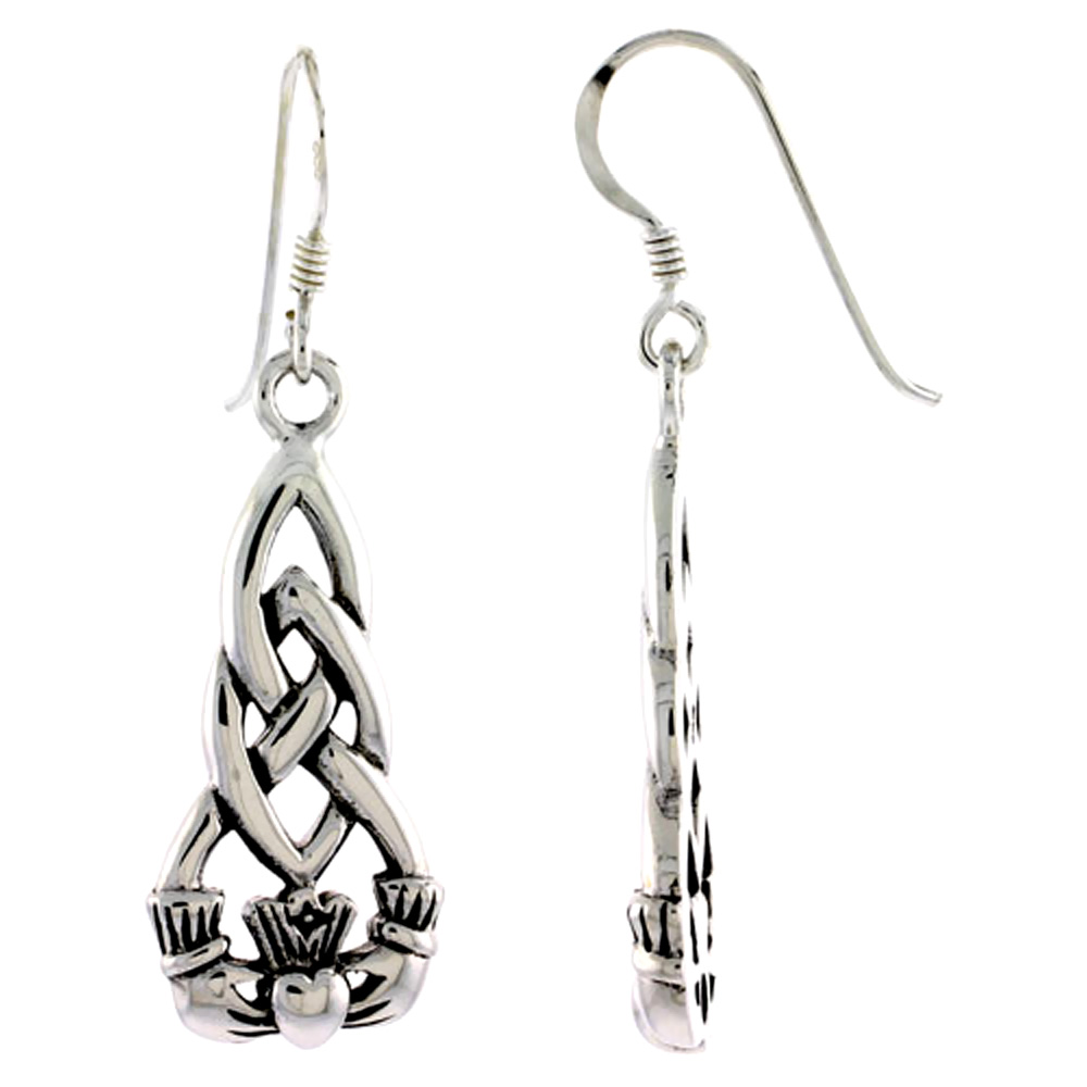 STERLING SILVER CLADDAGH EARRINGS CELTIC KNOT DANGLING FISHHOOK OXIDIZED FINISH WOMEN 1 INCH LONG