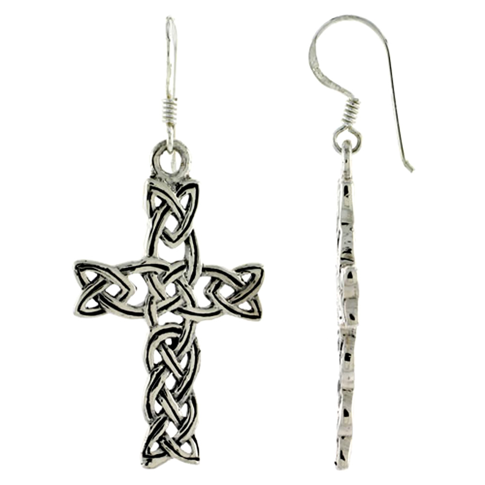 STERLING SILVER AILM SYMBOL CELTIC CROSS EARRINGS DANGLING FISHHOOK OXIDIZED FINISH WOMEN 1 1/4 INCH LONG