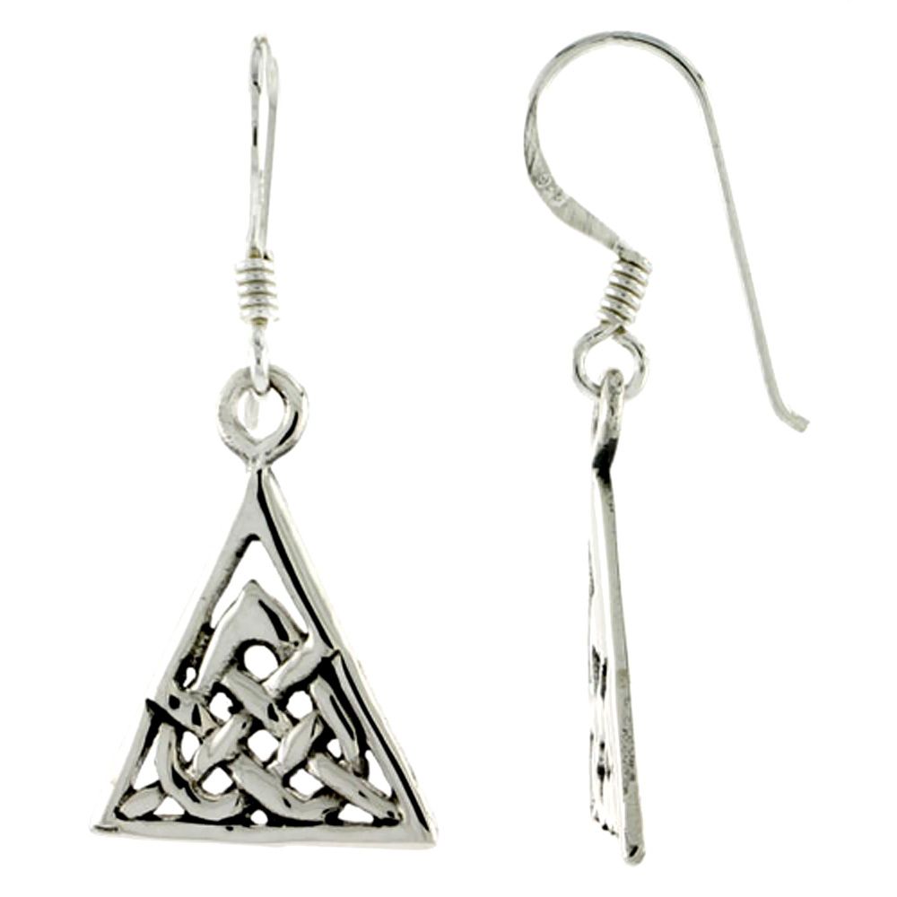 Sterling Silver Interlaced Celtic Triquetra Trinity Knot Earrings Dangling Fishhook Oxidized Finish Women 3/4 inch long