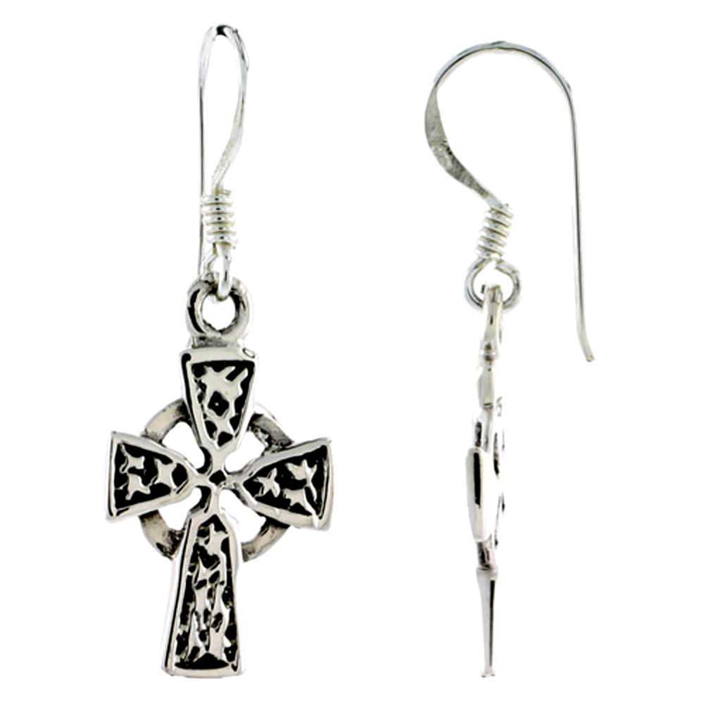 Sterling Silver Small Heart Knot Celtic Cross Earrings Dangling Fishhook Oxidized Finish Women 3/4 inch long