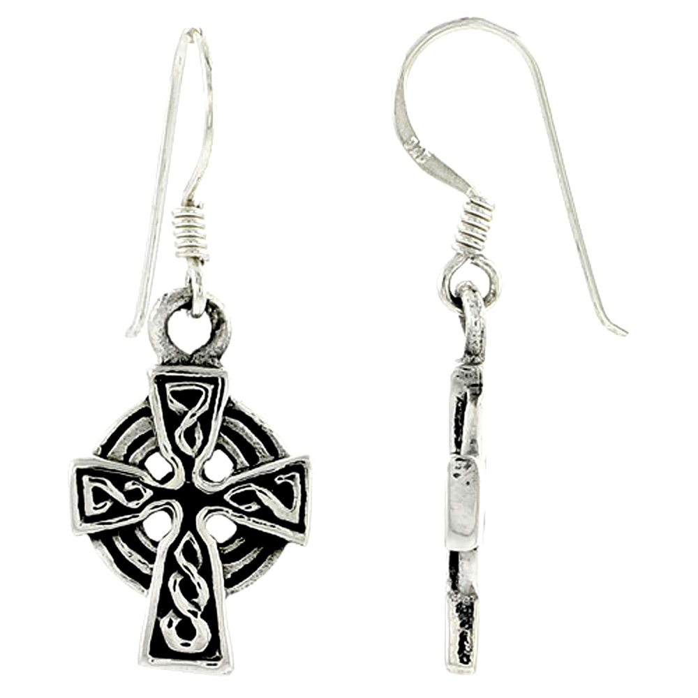 SMALL STERLING SILVER CELTIC CROSS EARRINGS DANGLING FISHHOOK OXIDIZED FINISH WOMEN 3/4 INCH LONG