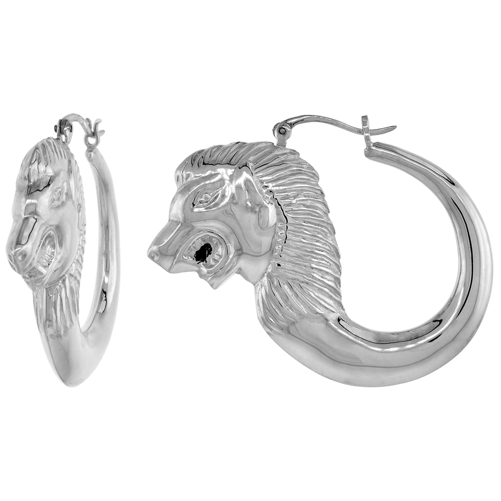 LARGE 1 3/4 INCH STERLING SILVER LION HEAD HOOP EARRINGS FOR WOMEN CLICK TOP HIGH POLISHED