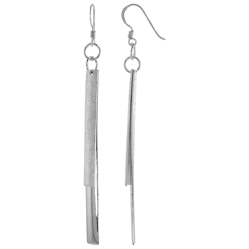STERLING SILVER DOUBLE BAR EARRINGS CRYSTALLIZED FINISH, 2 3/8 INCH