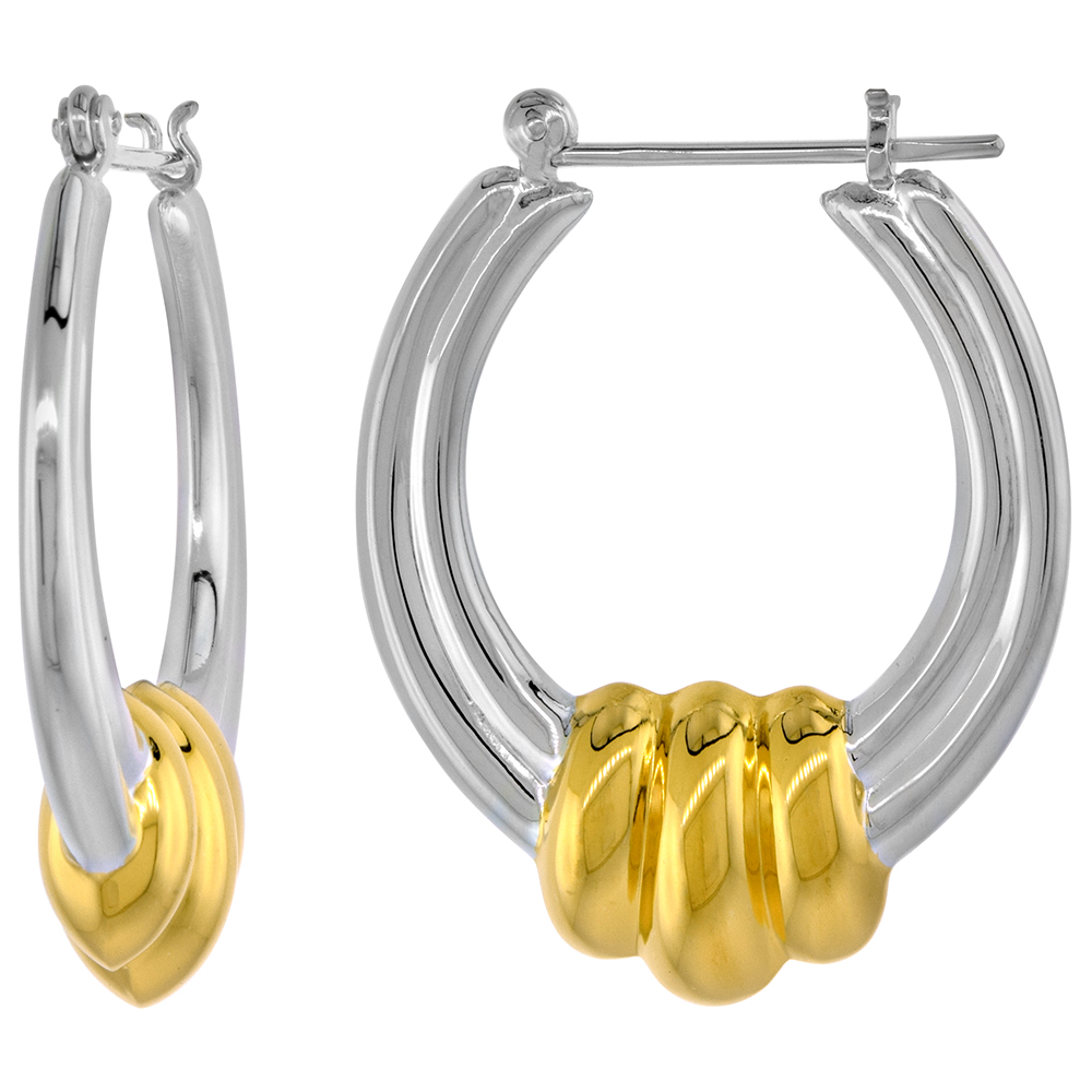 STERLING SILVER SNAP-DOWN-POST HOOP EARRINGS 2-TONE GOLD PLATE ACCENT 1 7/16 INCH TALL