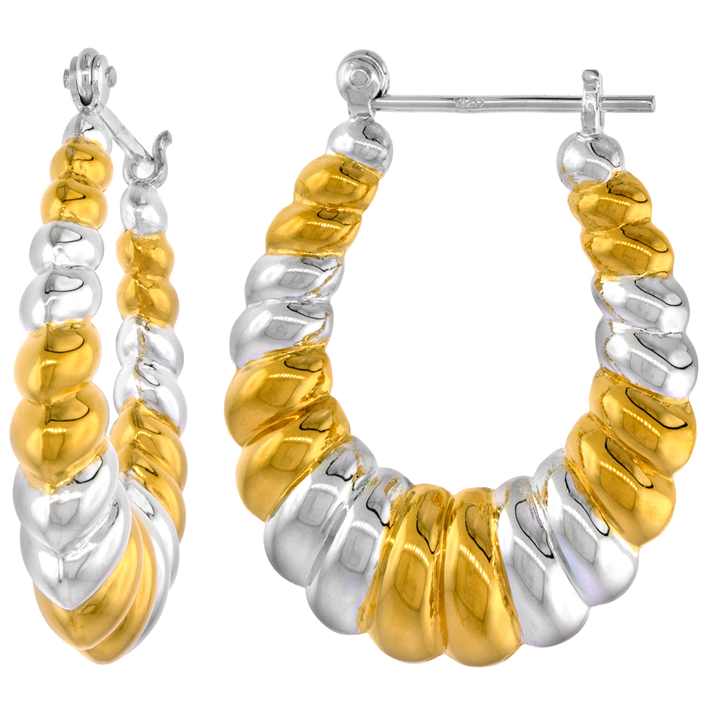 STERLING SILVER SNAP-DOWN-POST SHRIMP HOOP EARRINGS 2-TONE GOLD PLATE ACCENT 1 1/4 INCH TALL