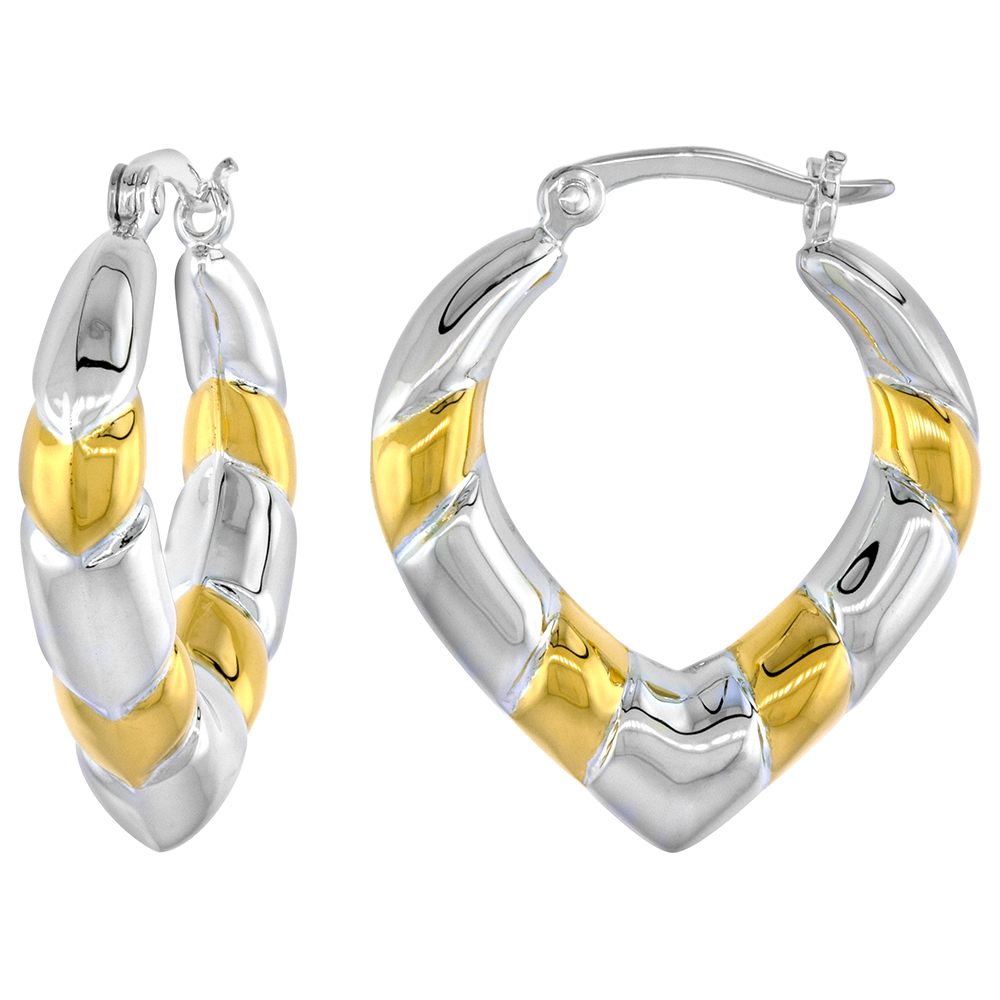 STERLING SILVER SNAP-DOWN-POST HOOP EARRINGS 2-TONE GOLD PLATE ACCENT 1 INCH TALL