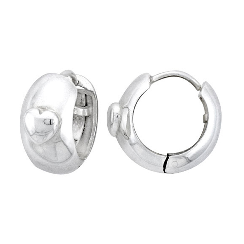 STERLING SILVER HUGGIE EARRINGS HEART-SHAPED ACCENT FLAWLESS FINISH 11/16 INCH