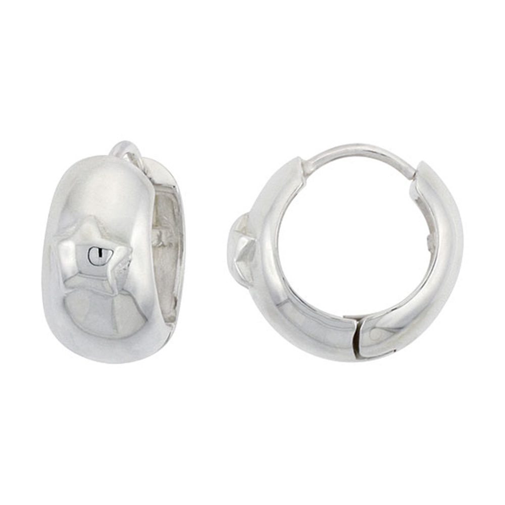 STERLING SILVER HUGGIE EARRINGS W/ STAR-SHAPED ACCENT FLAWLESS FINISH 11/16 INCH