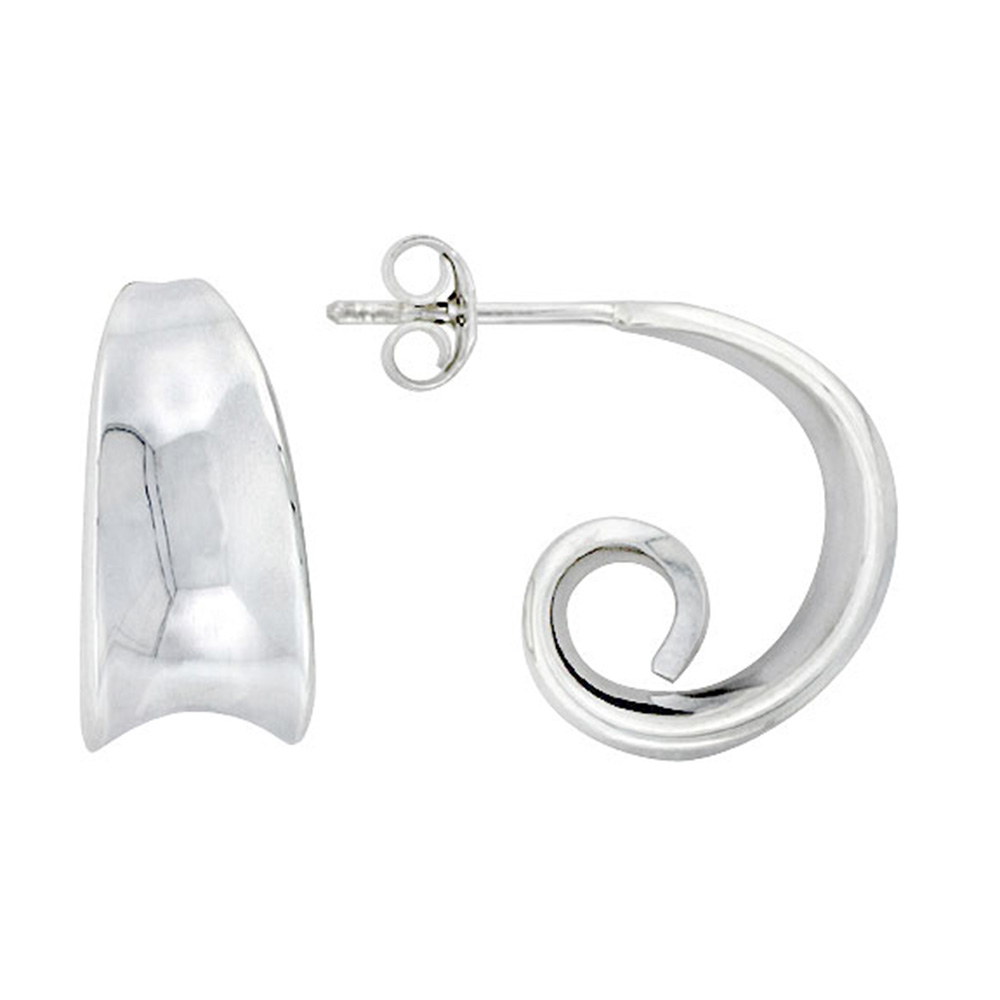 STERLING SILVER TAPERED CURLY POST EARRINGS 9/16 INCH WIDE