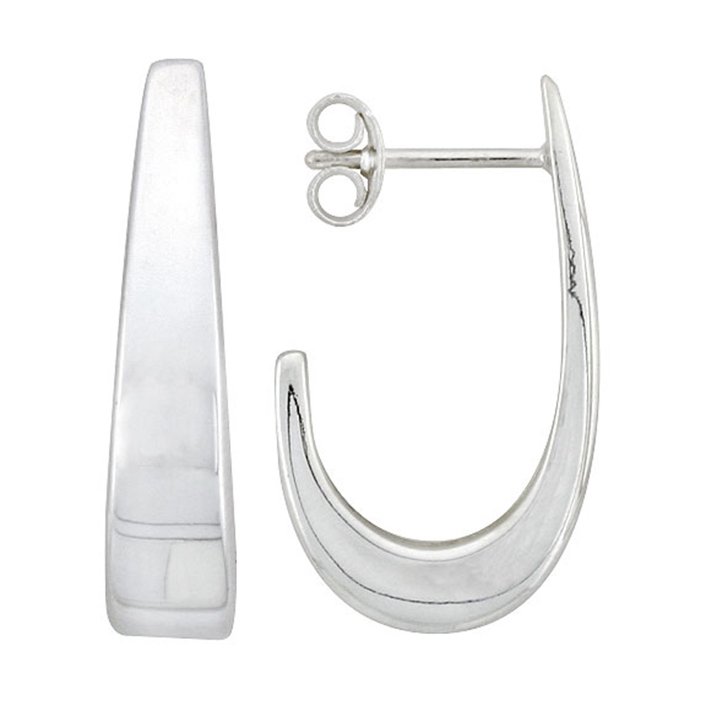 STERLING SILVER TAPERED J-SHAPED POST EARRINGS 1 INCH WIDE