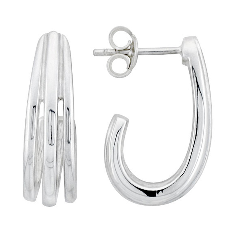 STERLING SILVER THREE-STRIP J-SHAPED POST EARRINGS 13/16 INCH WIDE