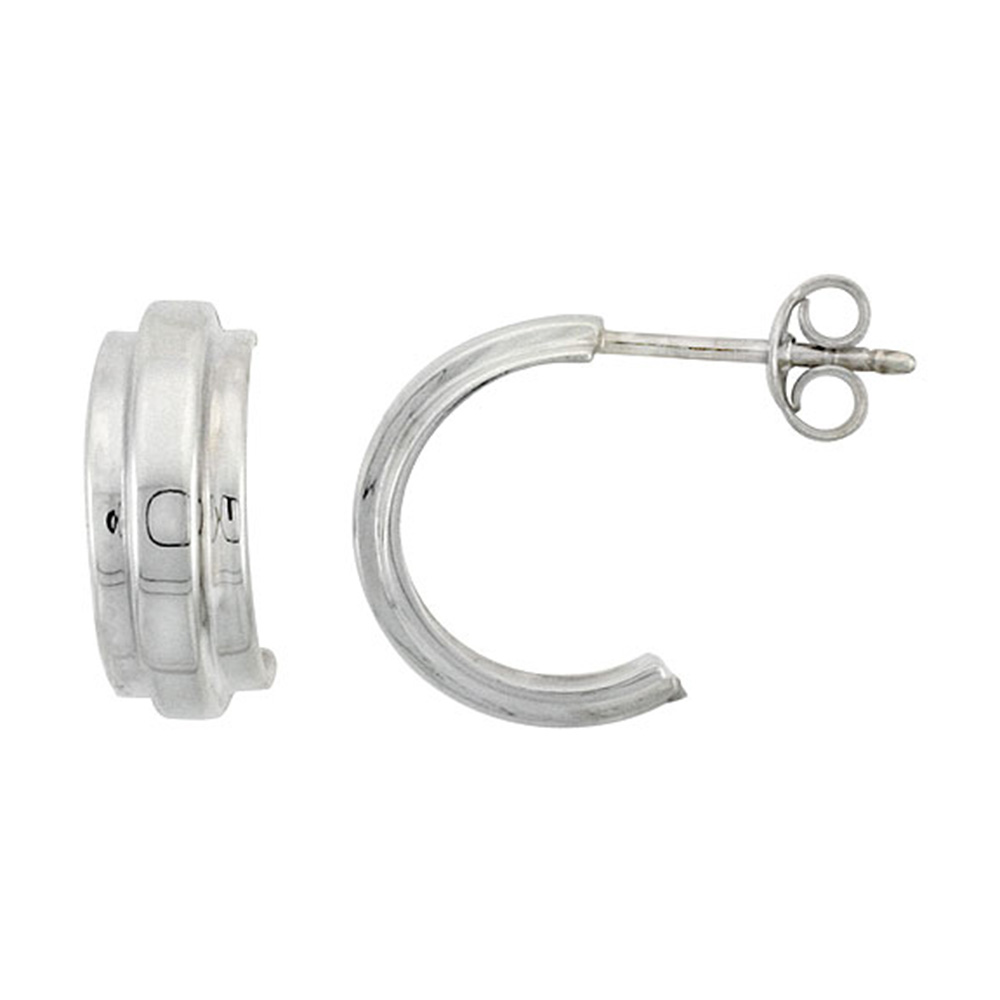 STERLING SILVER RAISED CENTER STRIPE HALF HOOP POST EARRINGS 9/16 INCH WIDE