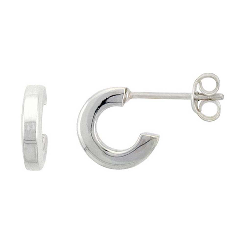 STERLING SILVER HALF HOOP POST EARRINGS 7/16 INCH WIDE