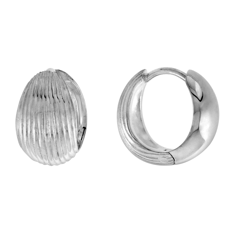 1/2 INCH ROUND STERLING SILVER RIBBED OVAL HUGGIE EARRINGS FOR WOMEN PERFECT FLAWLESS POLISHED FINISH 5/16 INCH WIDE