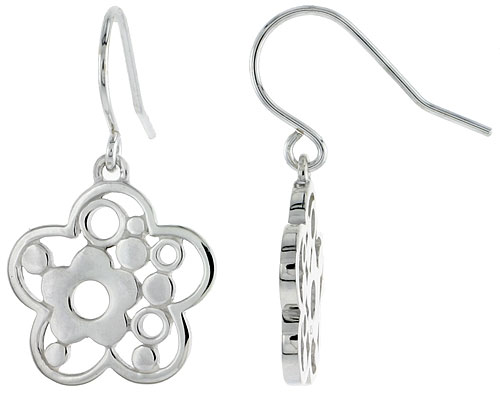 STERLING SILVER FLOWER HOOK EARRINGS, 3/4 INCH LONG