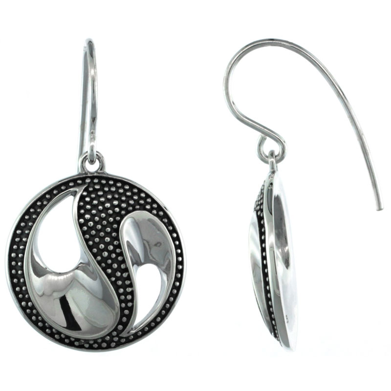 STERLING SILVER DANGLE BEADED YIN AND YANG EARRINGS 1 1/4 INCH LONG